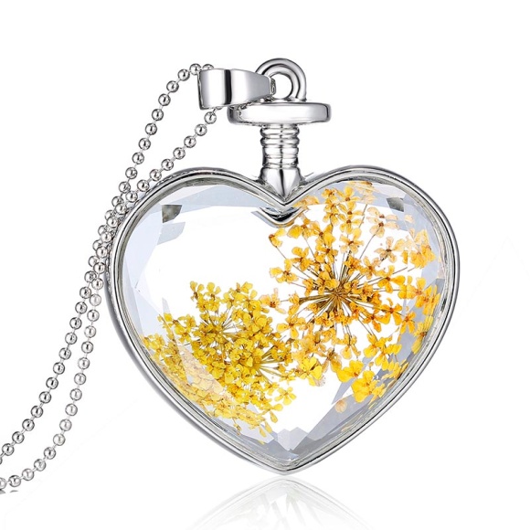Кулон з ланцюжком Пляшечка серця з жовтими квітами сріблястий