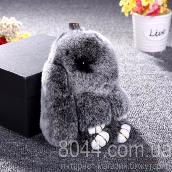 Брелок кролик із натурального хутра сірий меланж 15 см