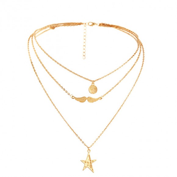 Тройная цепочка с кулонами Star (звезда, дерево, усы) золотистого цвета