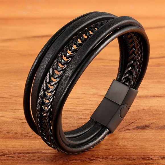 Шкіряний браслет зі сталевим ланцюжком чорний
