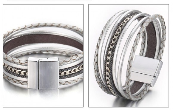 Жіночий шкіряний браслет Сріблясте плетіння