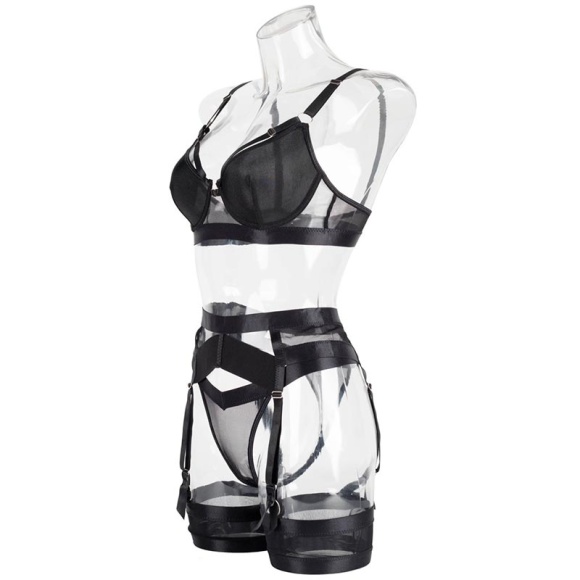 Чорний комплект жіночої білизни з поясом, гартенами Чорний комплект жіночої білизни з поясом, гартенами