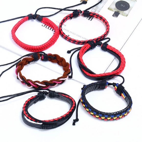 Набір шкіряних браслетів 6 шт Червоний мікс