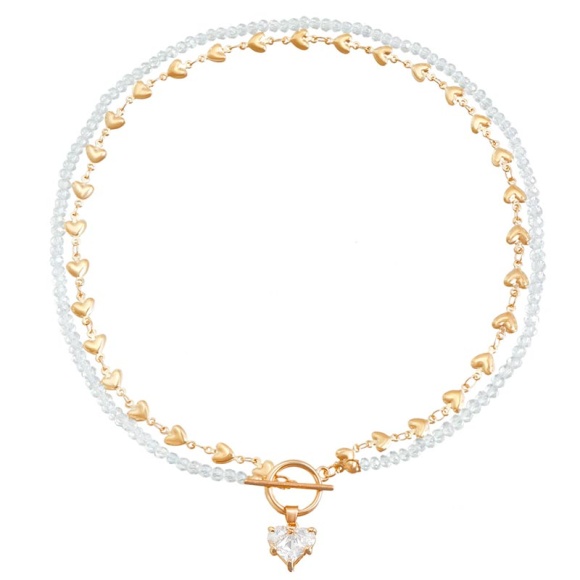 Двойное колье чокер из бусин грани с подвеской Сердце