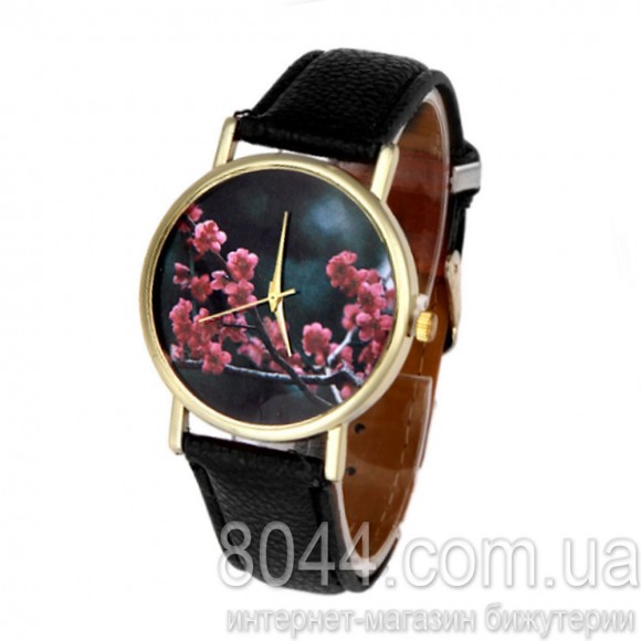 Жіночий годинник зі шкіряним ремінцем Сакура чорного кольору