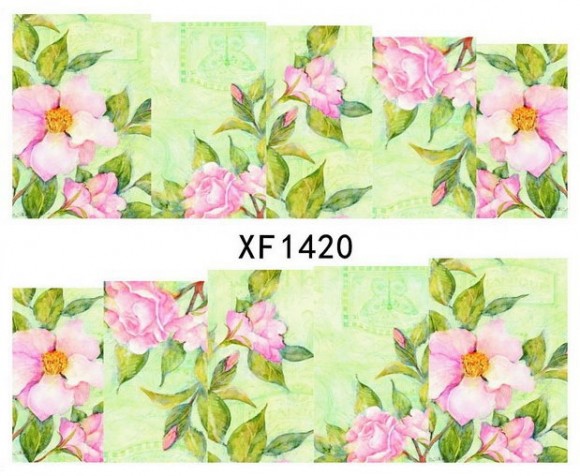 Водные наклейки на ногти XF1420 Розы на зелёном фоне