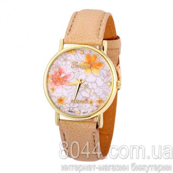 Женские часы с кожаным ремешком Geneva Цветочные бежевого цвета
