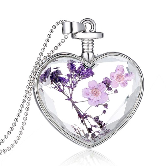Кулон серце Пляшка з польовими квітами сріблястий