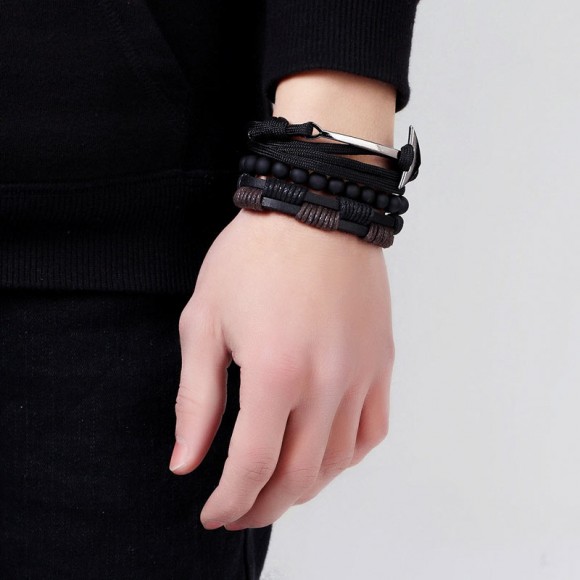 Шкіряний браслет Якір чорного кольору (набір із 3 шт)