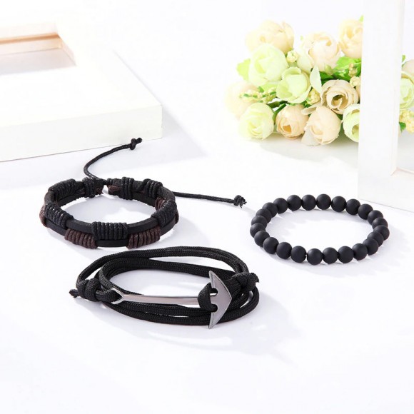 Шкіряний браслет Якір чорного кольору (набір із 3 шт)