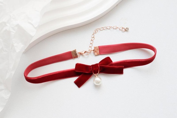 Чокер бантик бархатный с подвеской Жемчужина