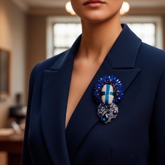 Брошь Мотанка с кристаллами синяя