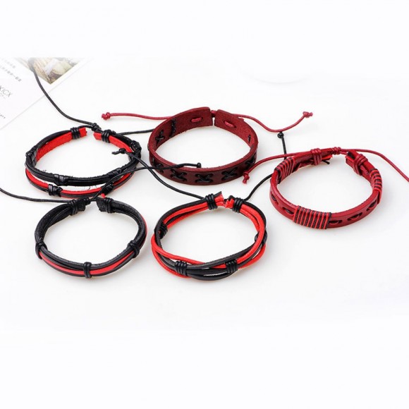 Кожаный браслет Красное и черное (набор из 5 штук) Кожаный браслет Красное и черное (набор из 5 штук)