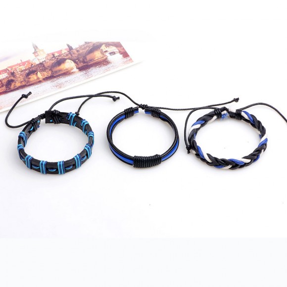 Шкіряний браслет Сині та чорні (набір з 3 штук)