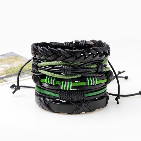 Шкіряний браслет Зелене та чорне (набір з 5 штук)