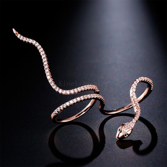 Двойное кольцо Змея кристалл золотый