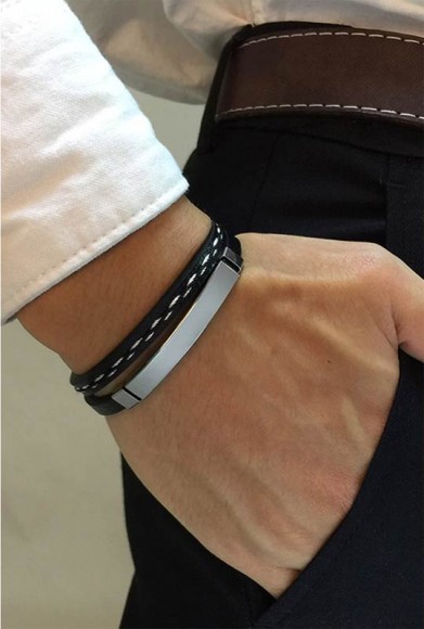 Мужской кожаный браслет Пластина