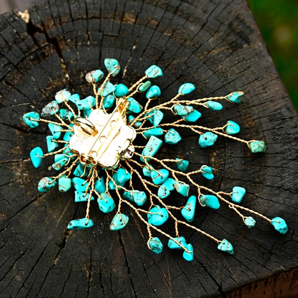 Брошь цветок плетение бирюза