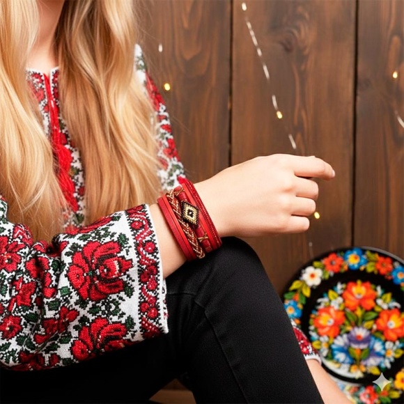 Красный женский кожаный браслет Бриона