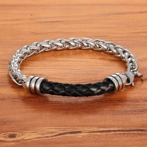 Мужской браслет из стали с кожаной косичкой Мужской браслет из стали с кожаной косичкой