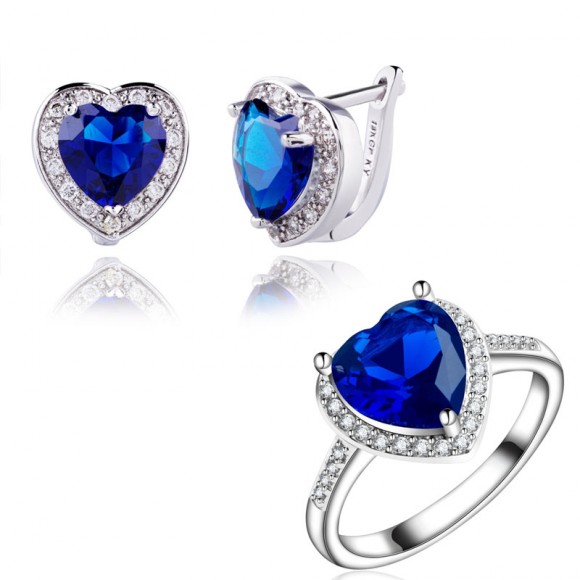 Набор украшений: серьги и кольцо Сердце синего цвета