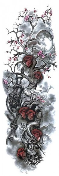 Временное большое тату — Дерево с розами TQB — 006