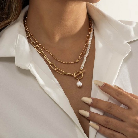 Цепочка на шею двойная с жемчугом