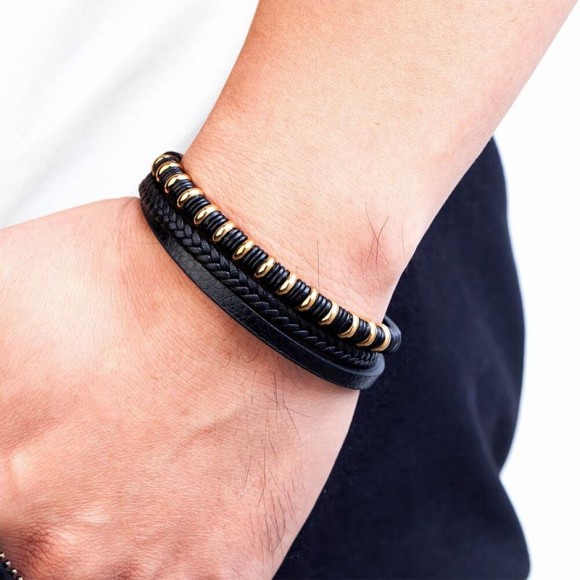 Мужской кожаный браслет Адам золотой