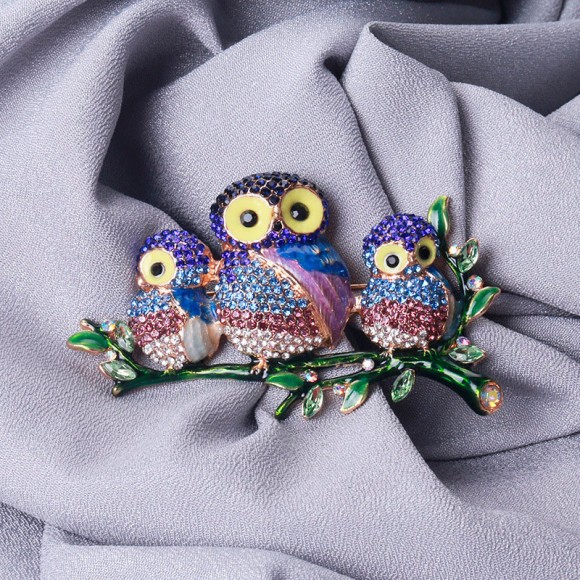 Брошка родина Сов на гілці