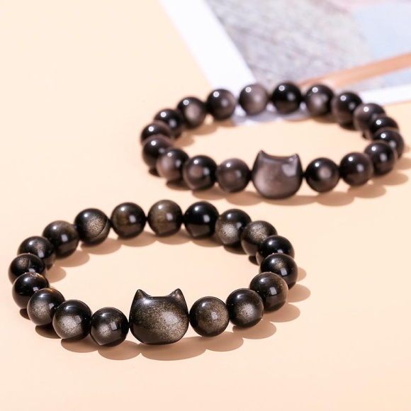 Браслет из натурального обсидиана Черный кот Браслет из натурального обсидиана Черный кот