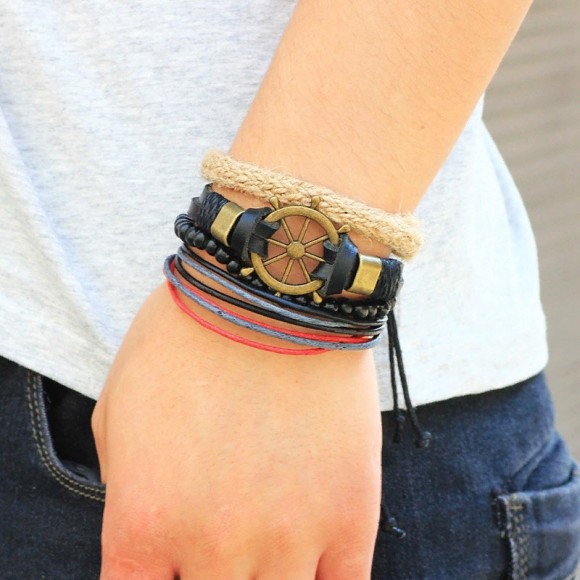 Кожаный браслет Морской штурвал (набор из 4 шт)