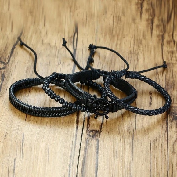 Чоловічий шкіряний браслет Чорний Штурвал (набір із 4 шт) Чоловічий шкіряний браслет Чорний Штурвал (набір із 4 шт)