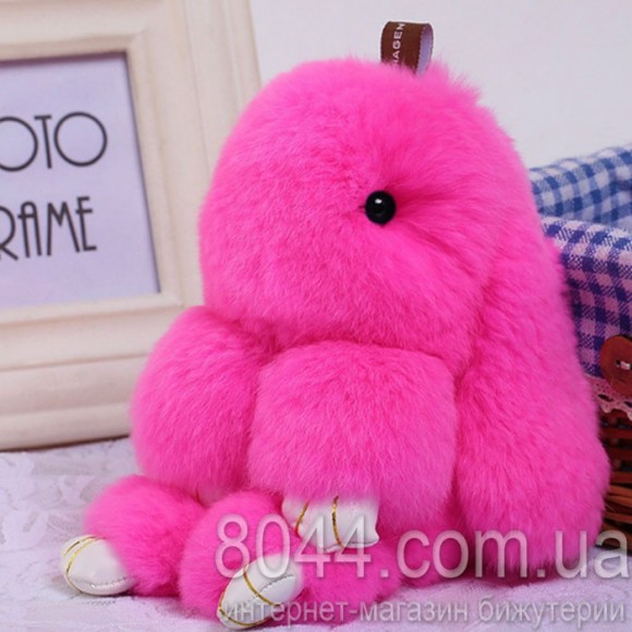 Брелок кролик из натурального меха ярко-розового цвета 20 см