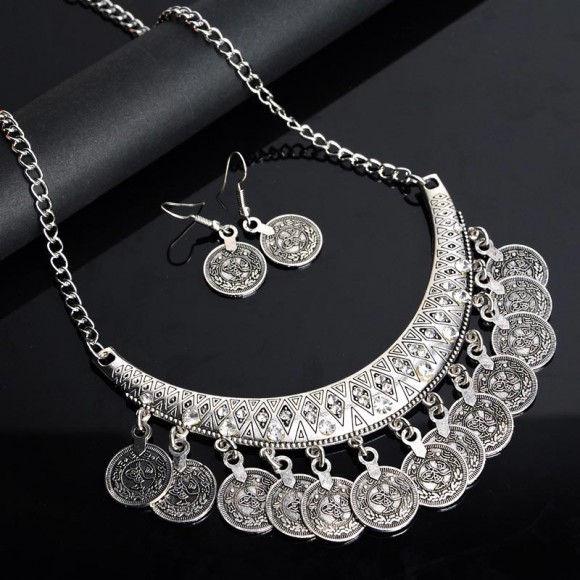 Набір прикраси в стилі бохо з монетами: кольє і сережки Етнічні Набір прикраси в стилі бохо з монетами: кольє і сережки Етнічні