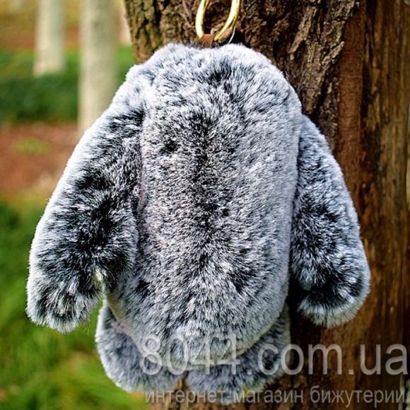 Брелок кролик из меха шиншиллы серый меланж 18 см