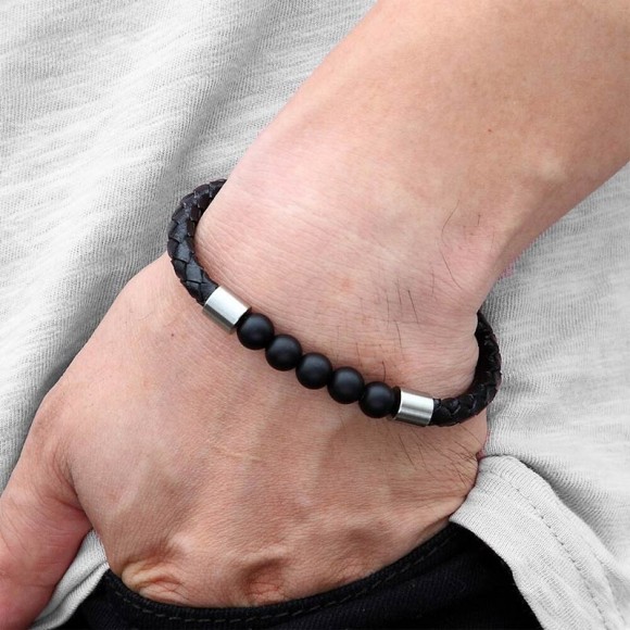 Кожаный браслет с бусинами шунгита Тимо Кожаный браслет с бусинами шунгита Тимо